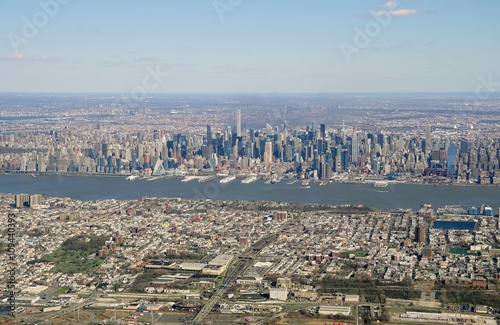 Aerial view of the New York City skyline with New Jersey in the foreground