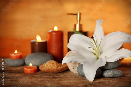 Beautiful spa composition on wooden wall background
