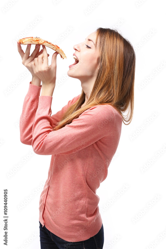 Happy young woman eating slice of hot pizza, isolated on white Happy young woman eating slice of hot pizza, isolated on white