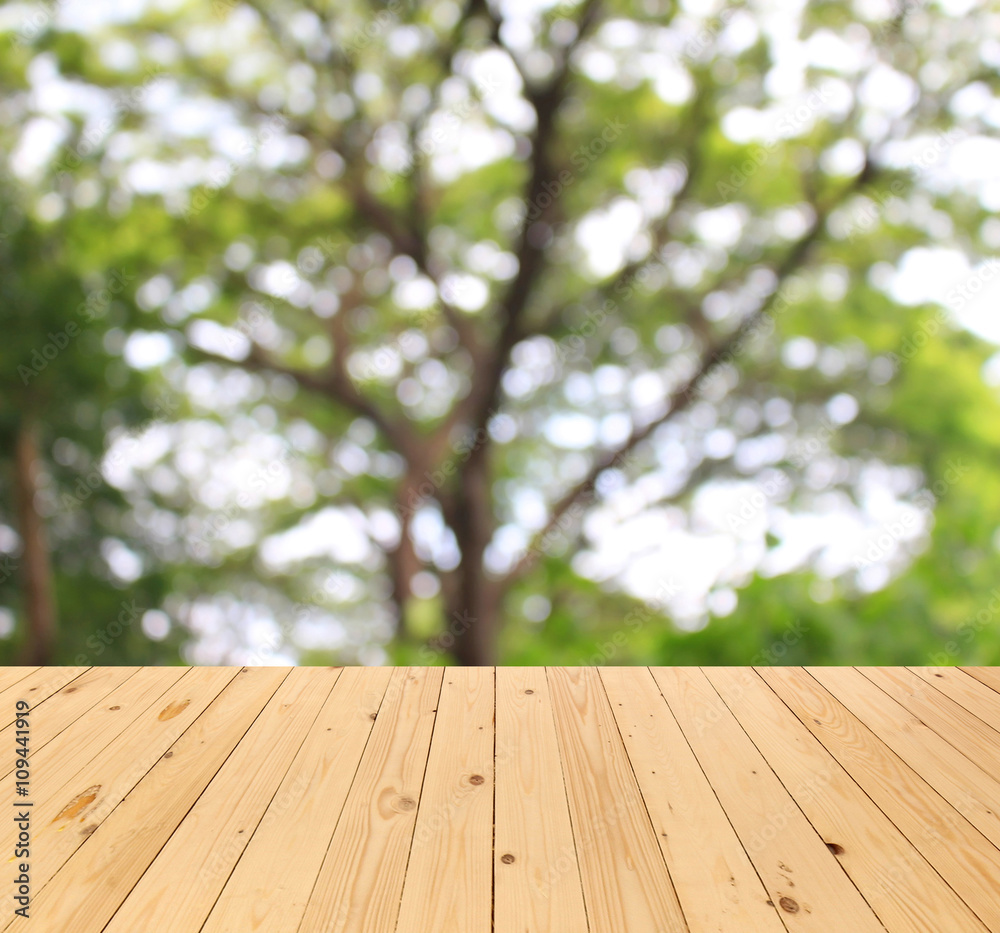 blurred background : tree branch of green leaves and wood floor