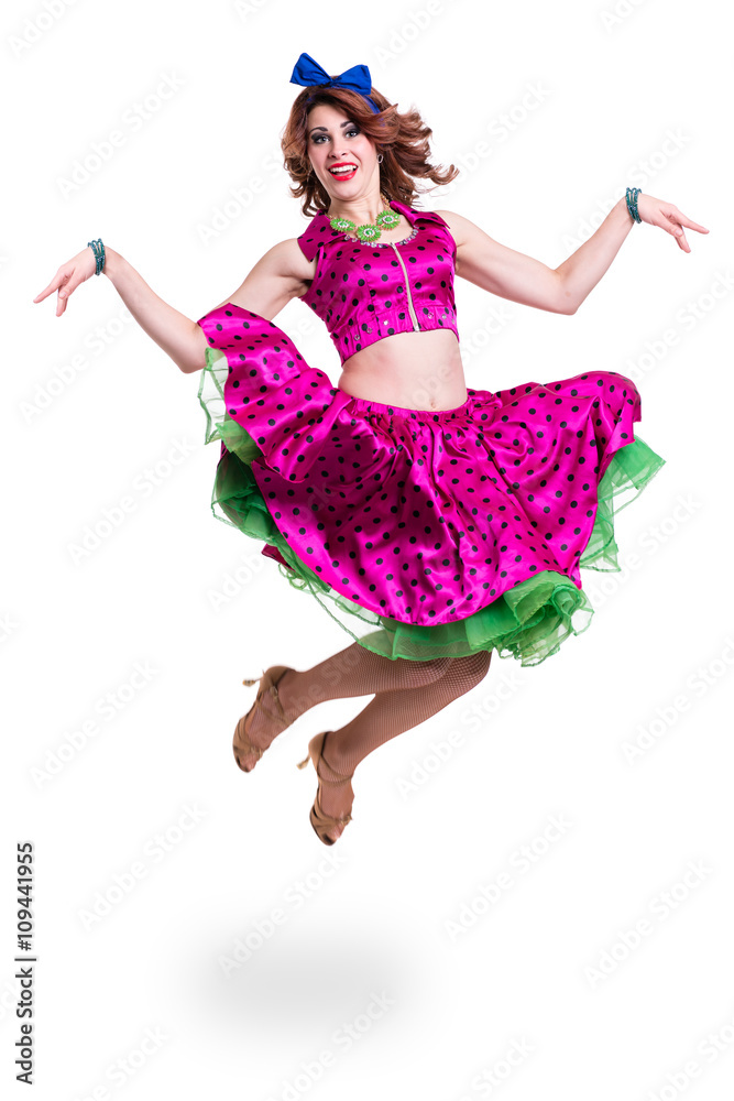 Disco dancer jumping against isolated white Disco dancer jumping against isolated white