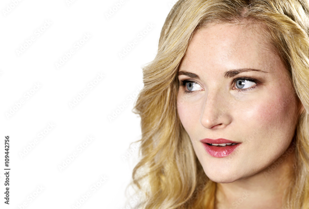 Beautiful blond woman,isolated on white background. Portrait of a young woman with copy space.