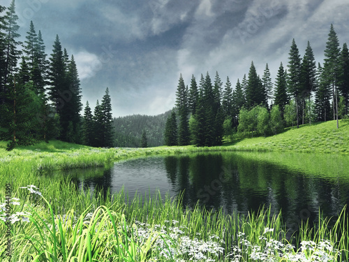 Fototapeta Krajobraz z jeziorem, lasem i wiosenną łąką