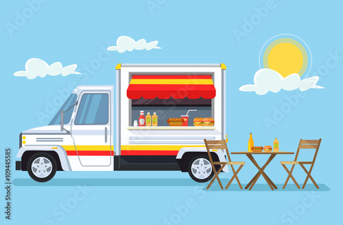 Street food car. Vector flat cartoon illustration