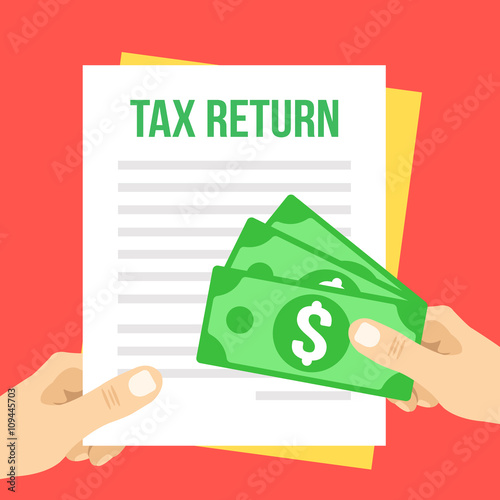 Tax return flat illustration. Hand holds Tax return form and hand giving money. Vector illustration