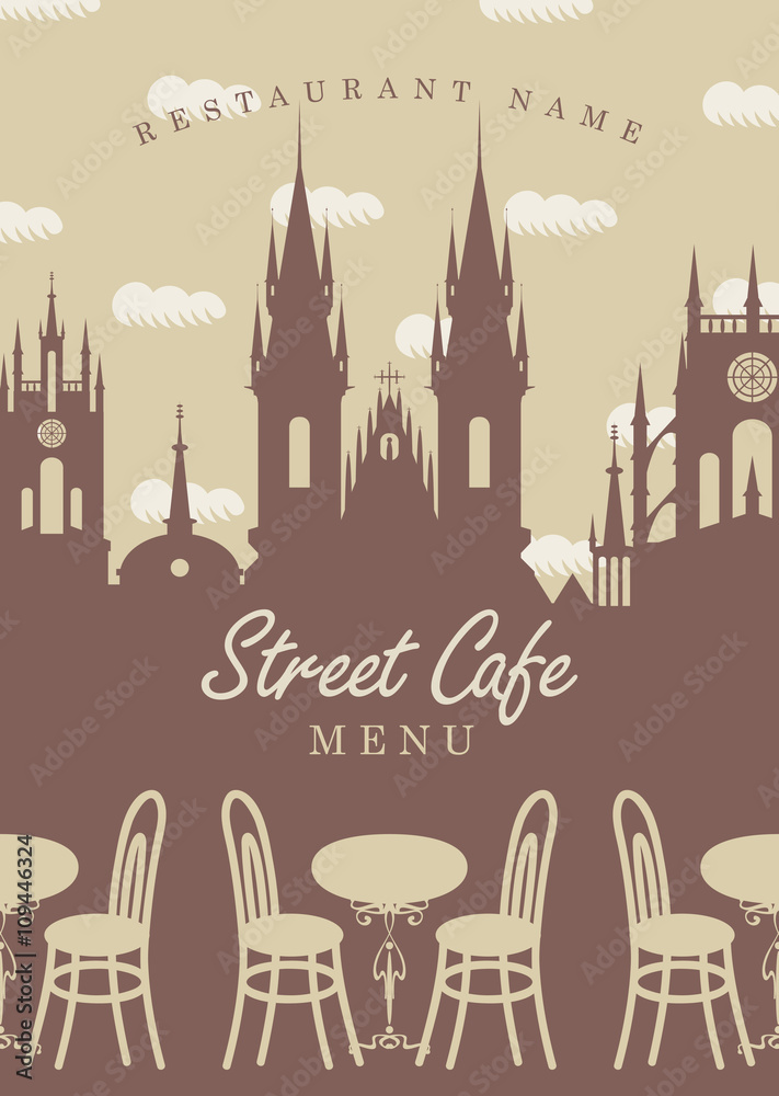 Menu for street cafe table with chairs and the old town