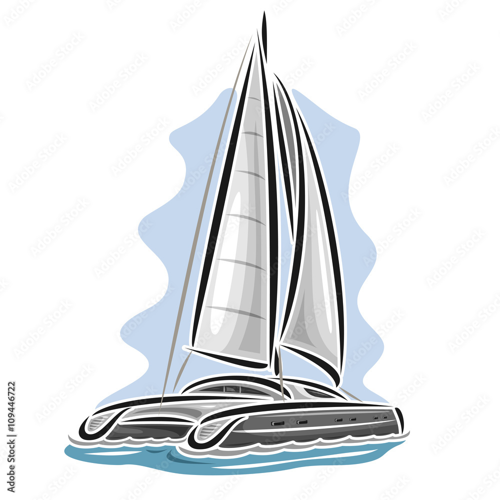 Naklejka premium Vector logo sailing catamaran, sailboat, sailer, sloop, ship, sail boat, floating blue sea, ocean, waves. Cartoon sailing catamaran, sea summer regatta, yachting extreme sport race, sea sailing travel