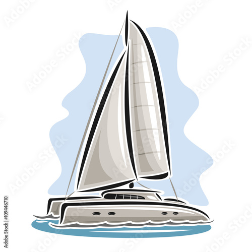 Fototapet Vector logo sailing catamaran, sailboat, sailer, sloop, ship, sail boat, floating blue sea, ocean, waves