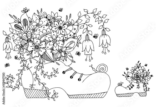 Vector illustration zentangl shoe with flowers. Doodles Art spring flowering, summer, butterfly, laces. Coloring book anti stress for adults. Black and white. photo