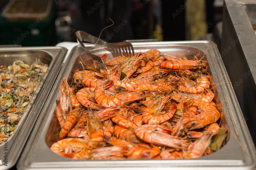 Tray of delicious whole pink prawns Tray of delicious whole pink prawns