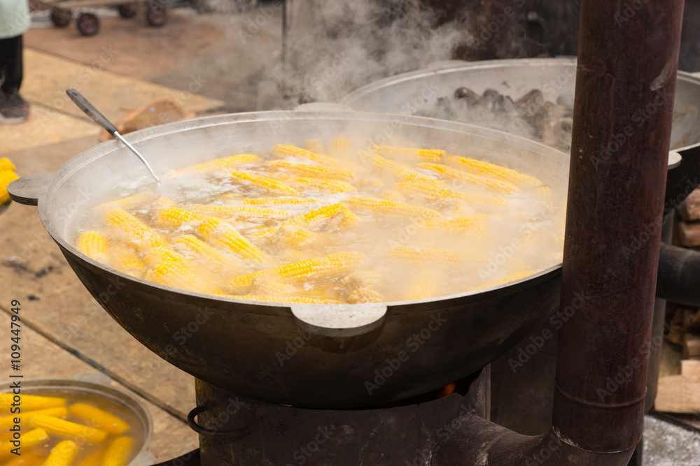 Large pot of cooking corn on the cob Large pot of cooking corn on the cob
