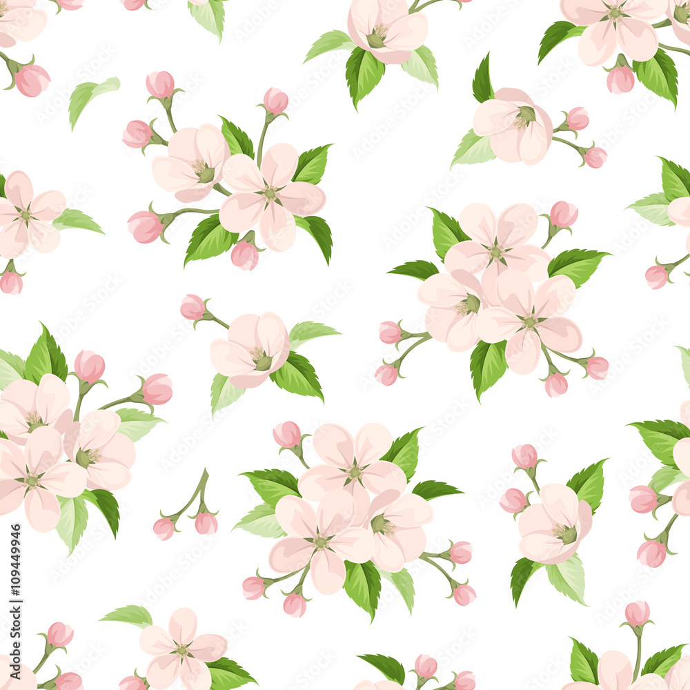Vector seamless pattern with pink apple blossoms and green leaves on a white background.