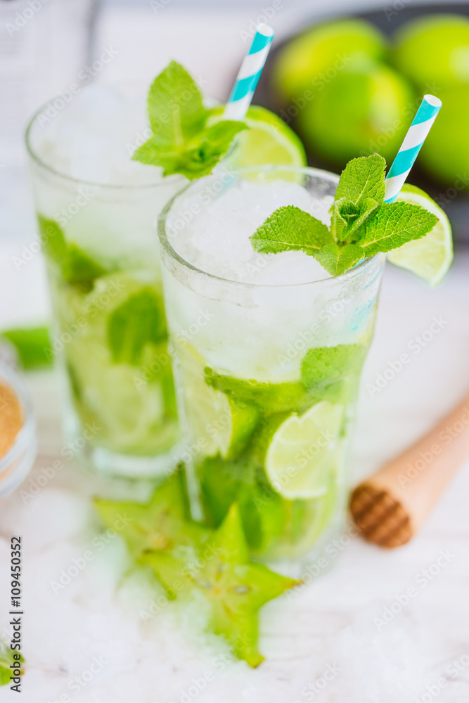 Two fresh mojitos cocktail. Mojitos with mint leaves, lime and ice Two fresh mojitos cocktail. Mojitos with mint leaves, lime and ice
