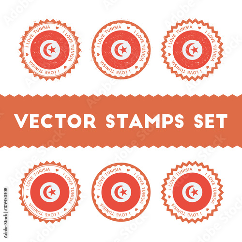 I Love Tunisia vector stamps set. Retro patriotic country flag badges. National flags vintage round signs.