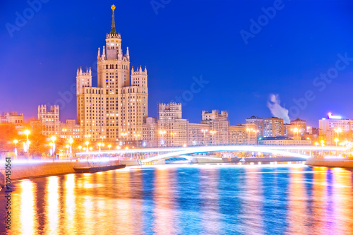 View of the Kotelnicheskaya Embankment Building along the Moscow River at night