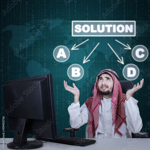 Confused Arabic businessman choosing a solution