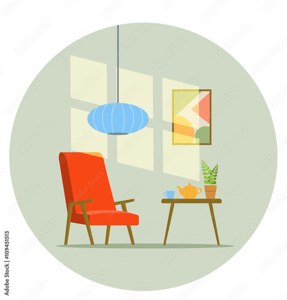 Fototapeta premium Retro interior. Living room with red chair, coffee table, sun glare on wall, houseplant, picture. Vector flat illustration