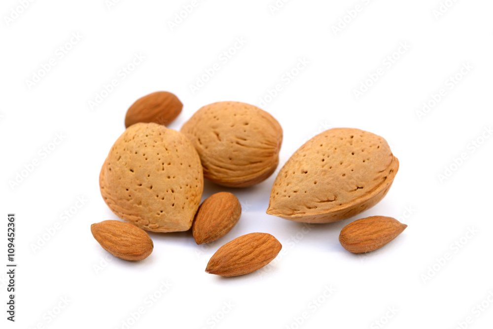 Fresh almonds in shells isolated on white background Fresh almonds in shells isolated on white background