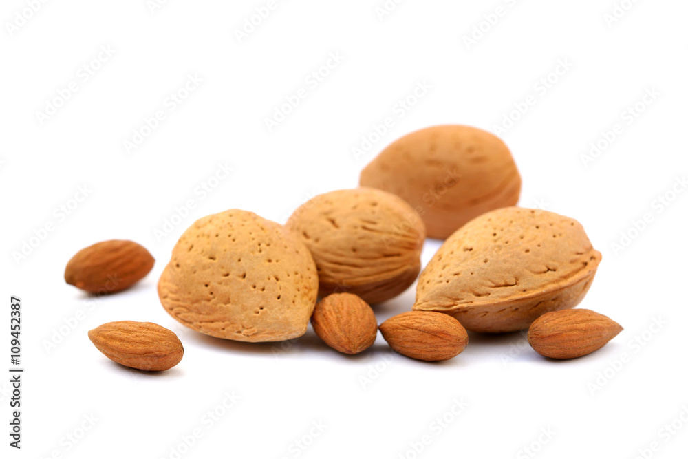 Fresh almonds in shells isolated on white background Fresh almonds in shells isolated on white background