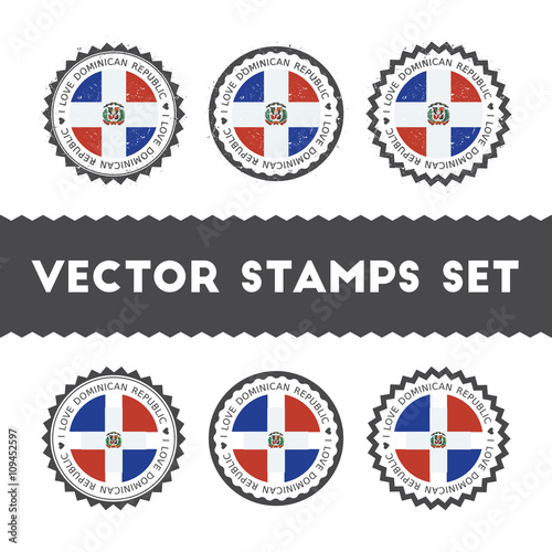 I Love Dominican Republic vector stamps set. Retro patriotic country flag badges. National flags vintage round signs.