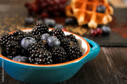 Belgian waffles with blueberries and grapes