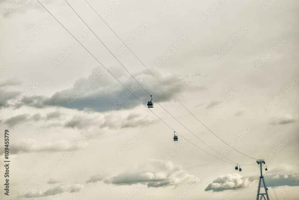 Nizhny Novgorod - Bor cableway with cabins on sky background Nizhny Novgorod - Bor cableway with cabins on sky background