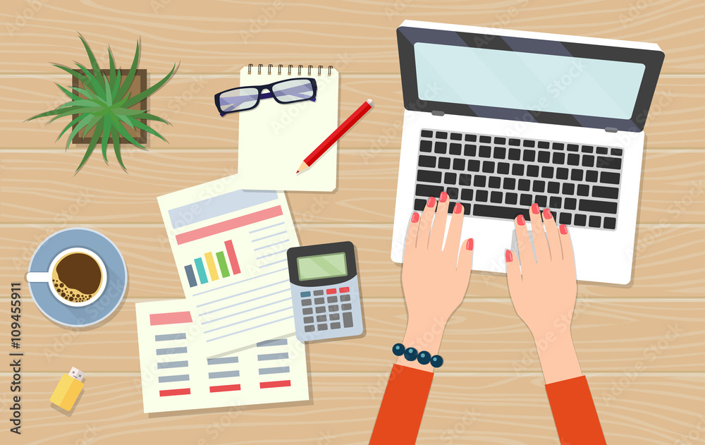Workplace freelancer economist. Laptop, documents, calculator, plant, notebook on a wooden desk background. View from above.Vector flat illustration