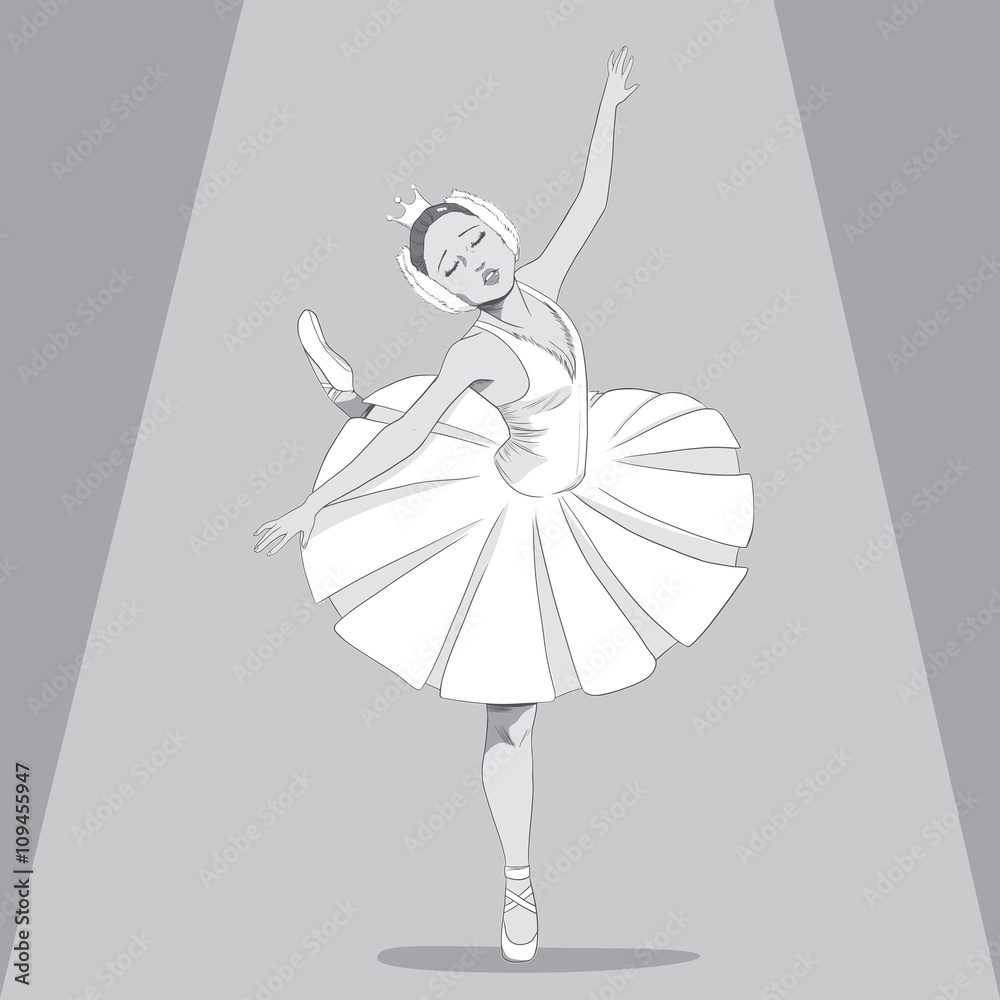 Black & White drawing illustration of a ballerina dancing swan lake ballet  with sad expression under spot light Stock Vector | Adobe Stock