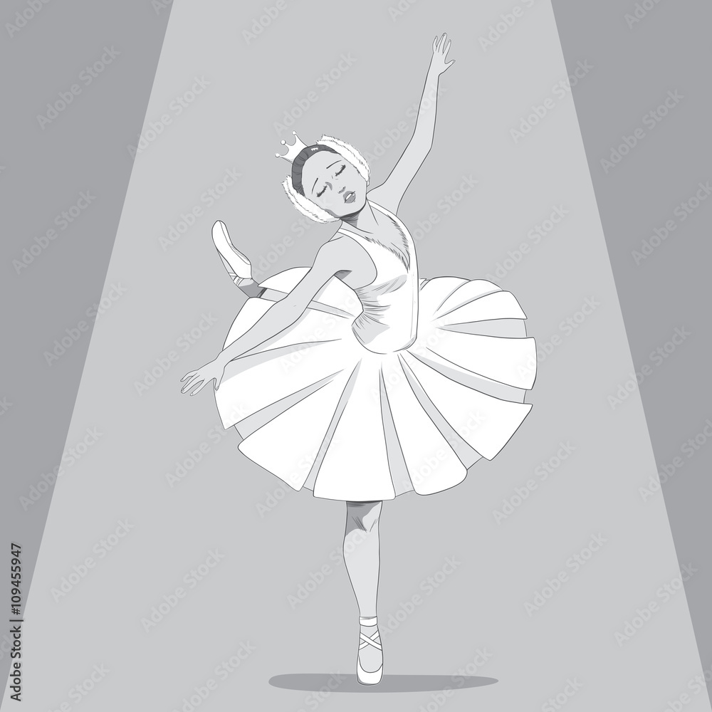 Naklejka premium Black & White drawing illustration of a ballerina dancing swan lake ballet with sad expression under spot light