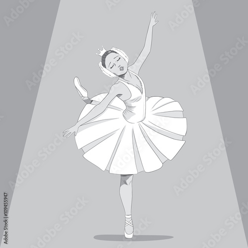Black & White drawing illustration of a ballerina dancing swan lake ballet with sad expression under spot light