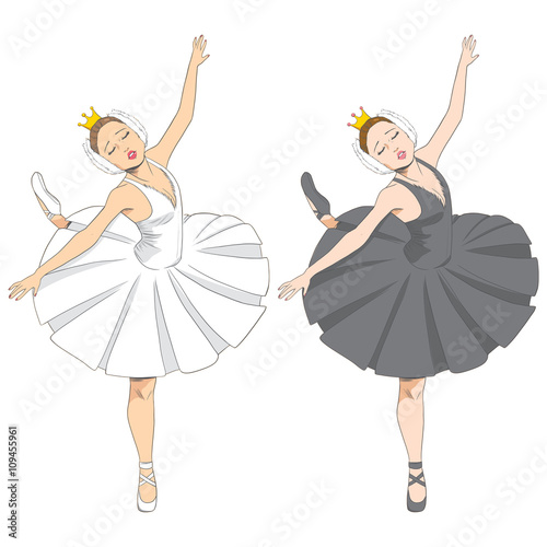 Line illustration of a beautiful elegant swan lake ballet dancer in two black and white version