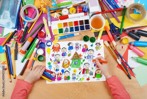 cartoon people collection child drawing, top view hands with pencil painting picture on paper, artwork workplace