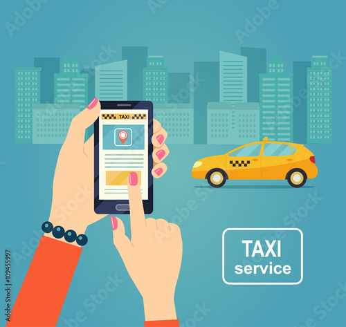 Taxi service. Smartphone and touchscreen, city skyscrapers. Vector flat illustration.