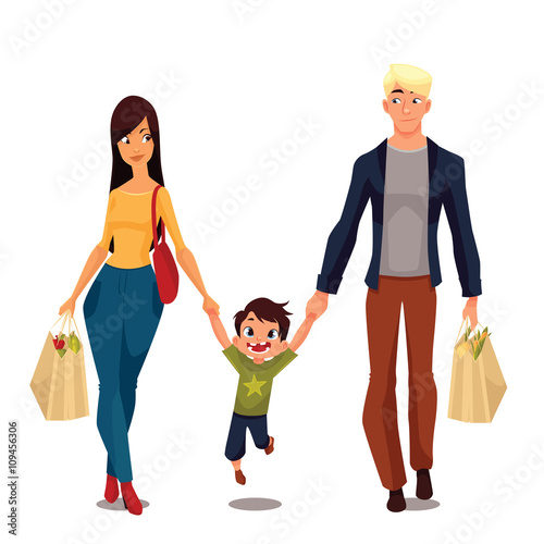 Family buying, cartoon vector illustration, isolated on a white background, a little boy and his parents went shopping, young and beautiful family packages of food, happy people after shop