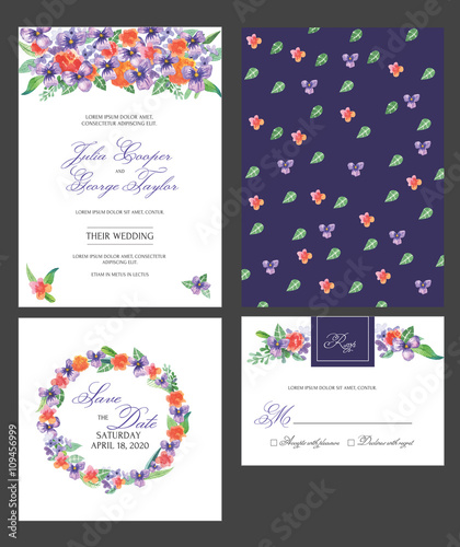 Wedding Invitation card with floral watercolor flowers