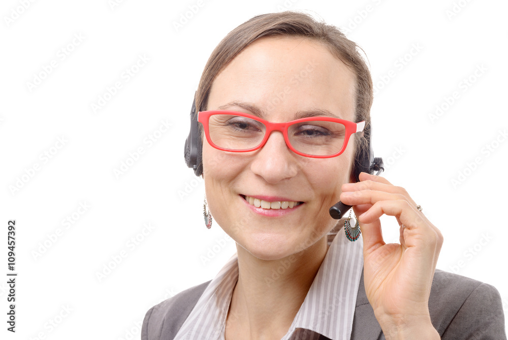 Close-up portrait of smiling young woman with headset Close-up portrait of smiling young woman with headset