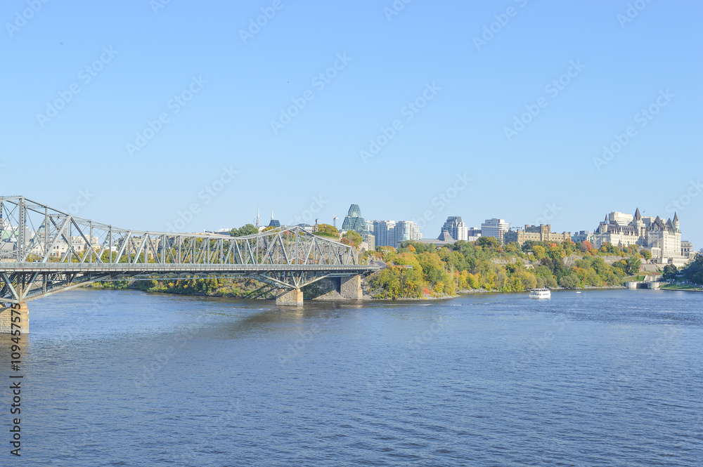 Ottawa city skyline panorama over river with urban historical buildings