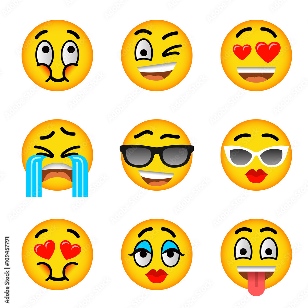Obraz premium Smiley face flat vector icons set. Emoji emoticons. Facial emotions and expression symbols. Cute cartoon illustrations of mood and reactions for text chat and web messenger. Yellow ball character