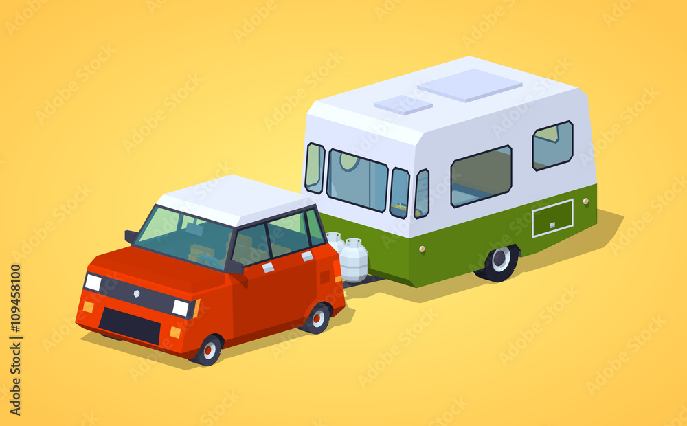 Red hatchback with green-white motor home against the yellow background. 3D lowpoly isometric vector illustration