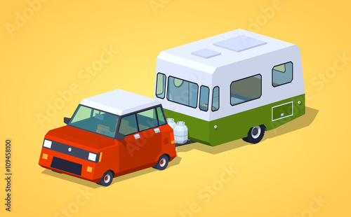 Red hatchback with green-white motor home against the yellow background. 3D lowpoly isometric vector illustration
