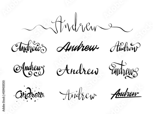 Personal name Andrew. Vector handwritten calligraphy tattoo design set
