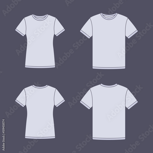 Mens and womens white short sleeve t-shirts templates. Front and back views. Vector flat illustrations