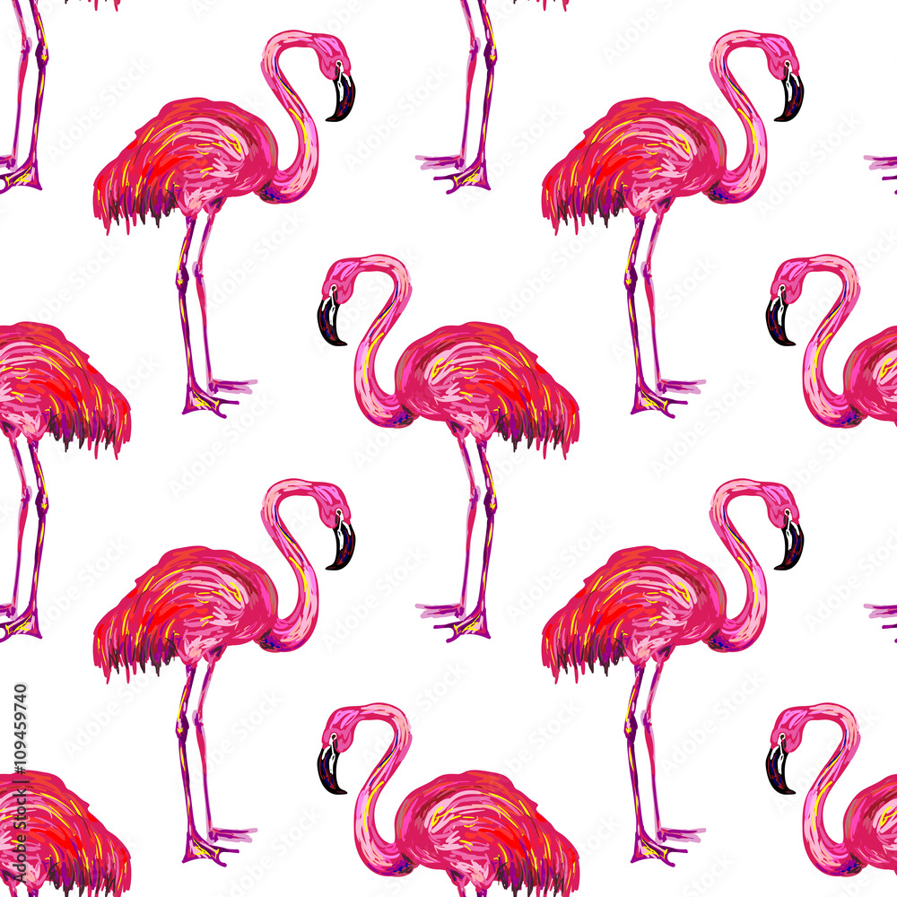 Obraz premium Seamless summer pattern with flamingo vector background. Perfect for wallpapers, pattern fills, web page backgrounds, surface textures, textile