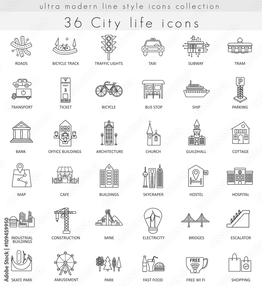 Vector Modern City life ultra modern outline line icons for web and apps.