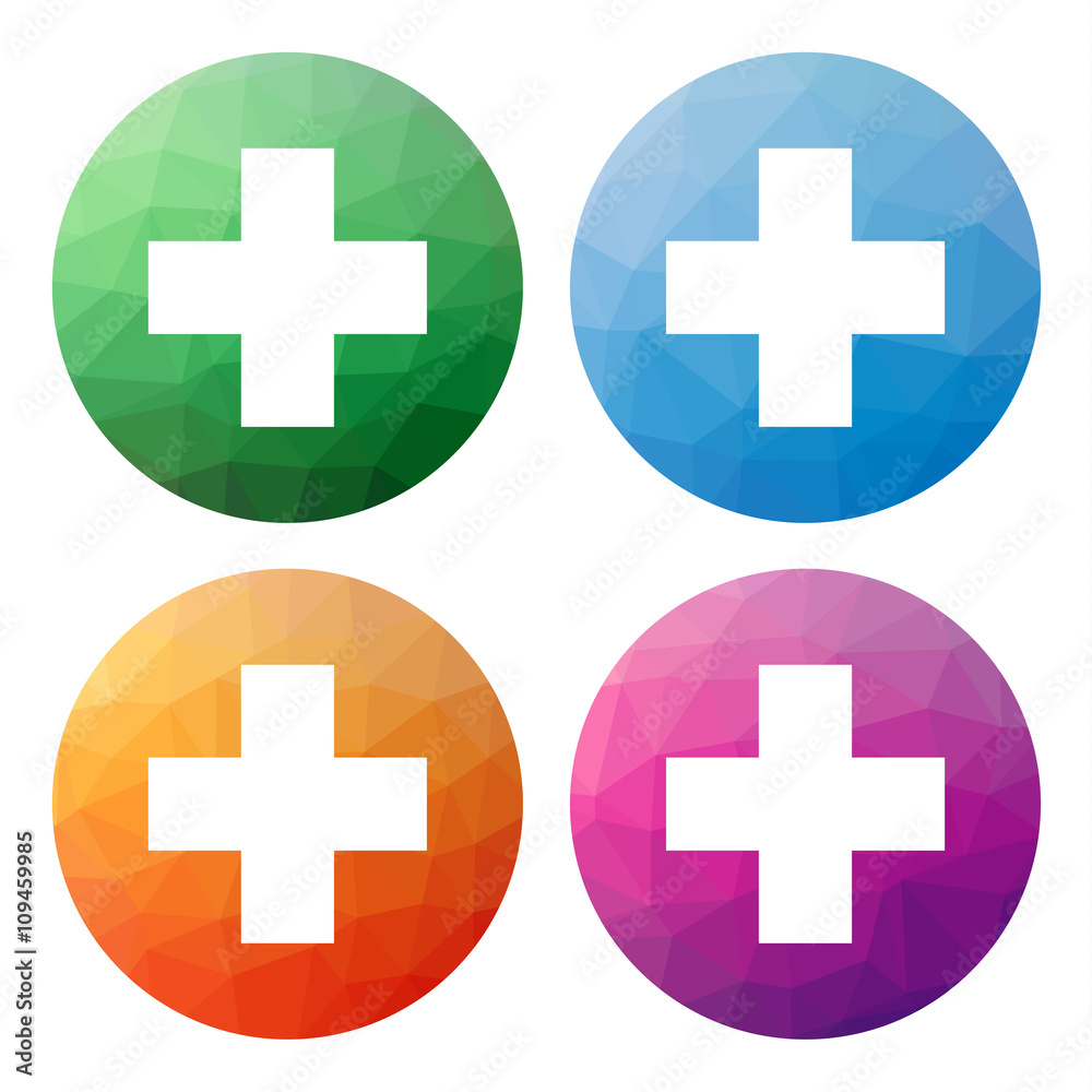 Set of 4 isolated modern low polygonal buttons - icons - for help, add Set of 4 isolated modern low polygonal buttons - icons - for help, add
