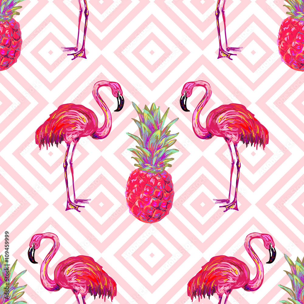 Naklejka premium Bezszwowy lato tropikalny wzór z flaminga i ananasa wektoru tłem. Idealny do tapet, wypełnień deseniem, tła strony internetowej, tekstur powierzchni, tekstyliów