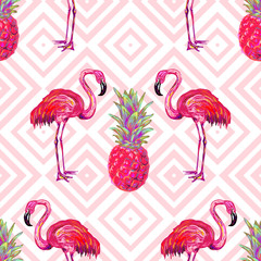 Keuken achterwand Ananas patronen Flamingo en ananas in zomerse sferen  © Katsiaryna Hatsak