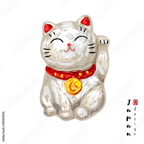 Beckoning cat. Japanese lucky cat. White cat toy, bringing luck and prosperity. Maneki Neko