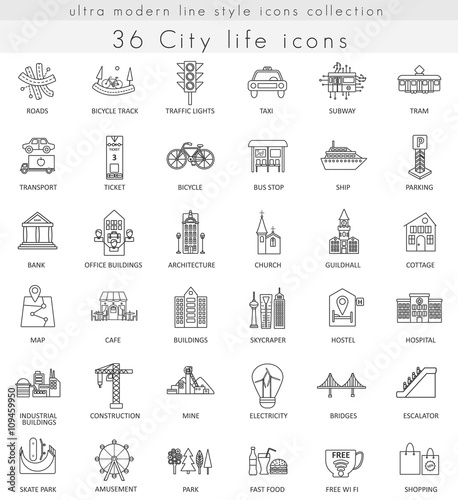 Vector Modern City life ultra modern outline line icons for web and apps.