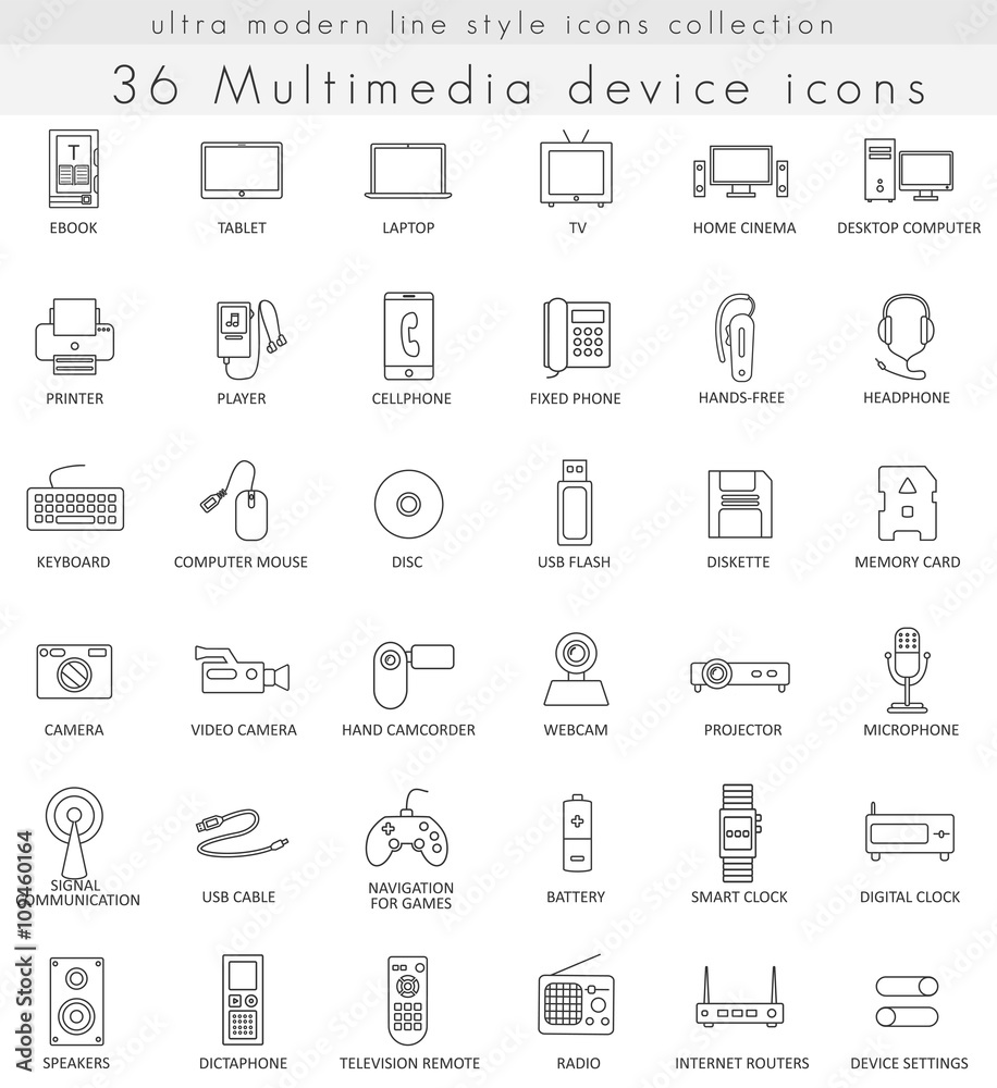 Vector Multimedia Devices ultra modern outline line icons for web and apps. Vector Multimedia Devices ultra modern outline line icons for web and apps.